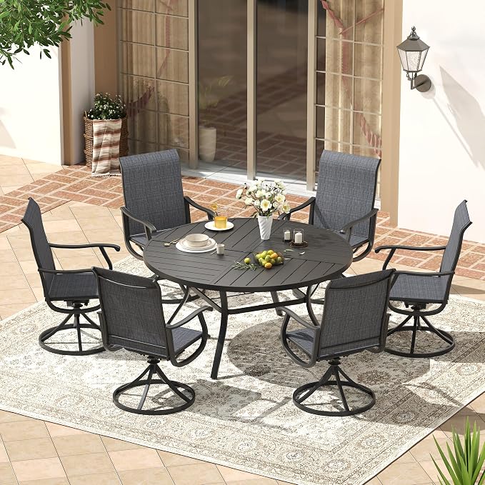 VICLLAX Patio 7 Pieces Outdoor Dining Set, 50" Round Metal Table with Umbrella Hole and 6 Swivel Textilene Chairs for Lawn, Garden, Porch, Black/Dark Grey