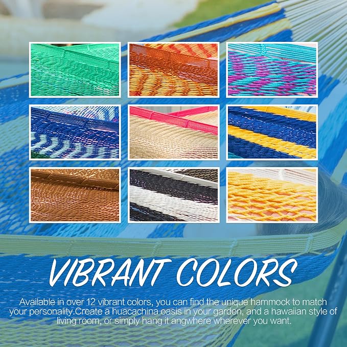 PNAEUT Handwoven Mayan Hammock, Thick Soft Rope Double Hammock for Outdoor Outside & Indoor, 600 lbs Capacity Heavy-Duty, Includes Tree Straps, Carabiners & Carrying Bag (Caribbean Sea, X-Large)