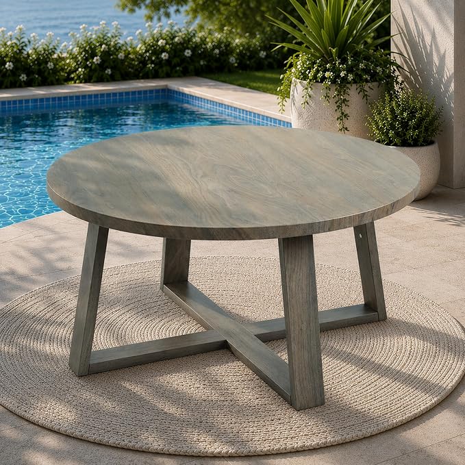 Indoor Round Coffee Table with 35.5” Woodgrain Finish Table Top, Outdoor Metal Modern Side Table 125lbs for Backyard Porch Balcony Living Room, Brown