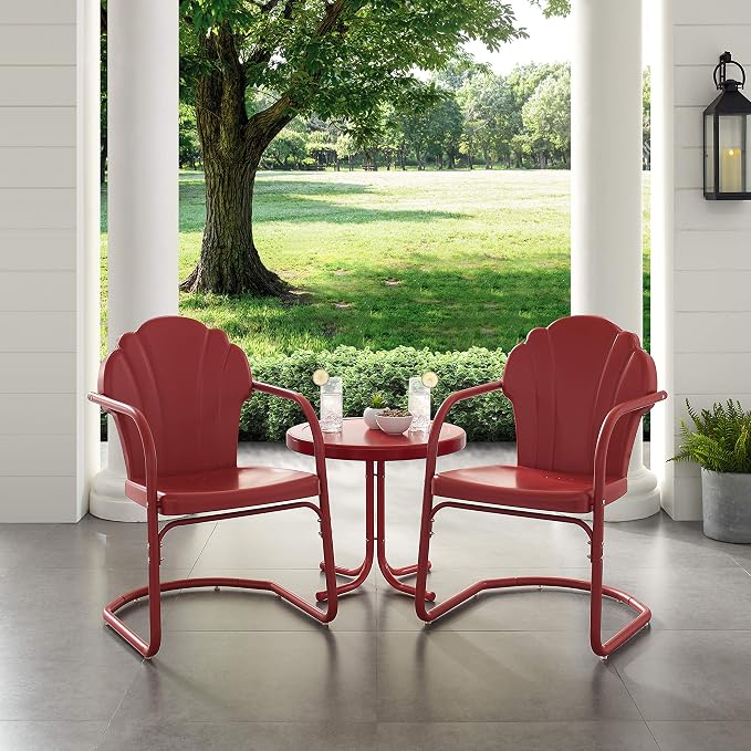 Crosley Furniture Tulip 3-Piece Outdoor Chair and Side Table Set, Retro Metal Patio Conversation Sets, Red