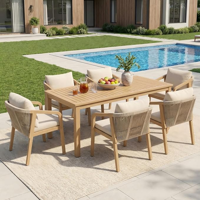 Wisteria Lane 7 Pieces Acacia Patio Dining Set for 6, Patio Dining Table and Chairs Set with Cushion, Modern Outdoor Dining Furniture Set for Lawn Backyard Garden Deck, Beige