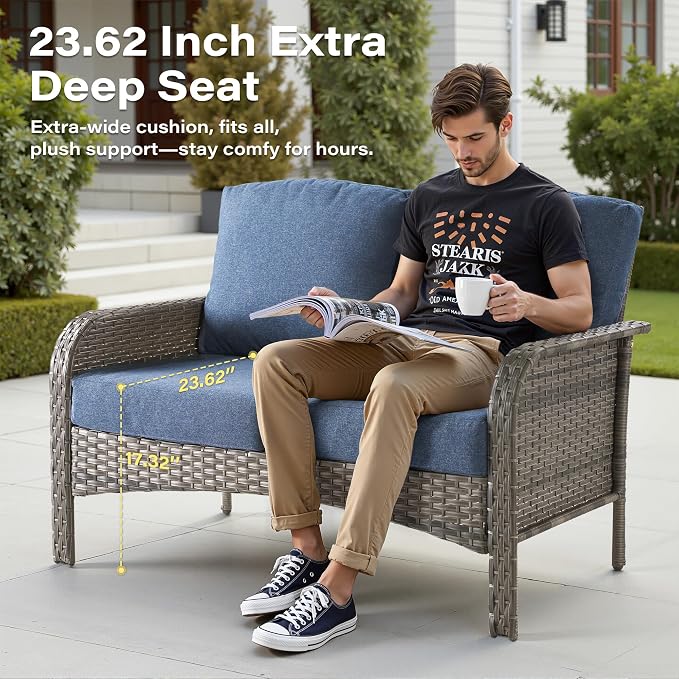 5 Pieces Patio Conversation Sets,Patio Furniture Set with Swivel Rocking Chairs and Coffee Table, All Weather Rattan Wicker Small Outdoor Sectional Furniture Set with Loveseat for Porch Balcony Blue