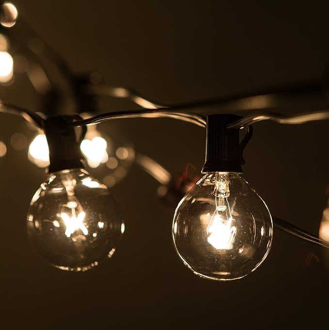 G50 Clear 2 Inch Light Bulbs with C7 Stringer 18 Gauge (Black Wire, 100')