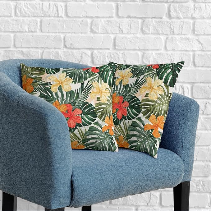 Summer Tropical Pillow Covers 16x16 Hawaiian Hibiscus Flower Throw Pillow Covers Monstera Palm Leaves Decorative Pillow Case Set of 2 for Home Decor Living Room Patio