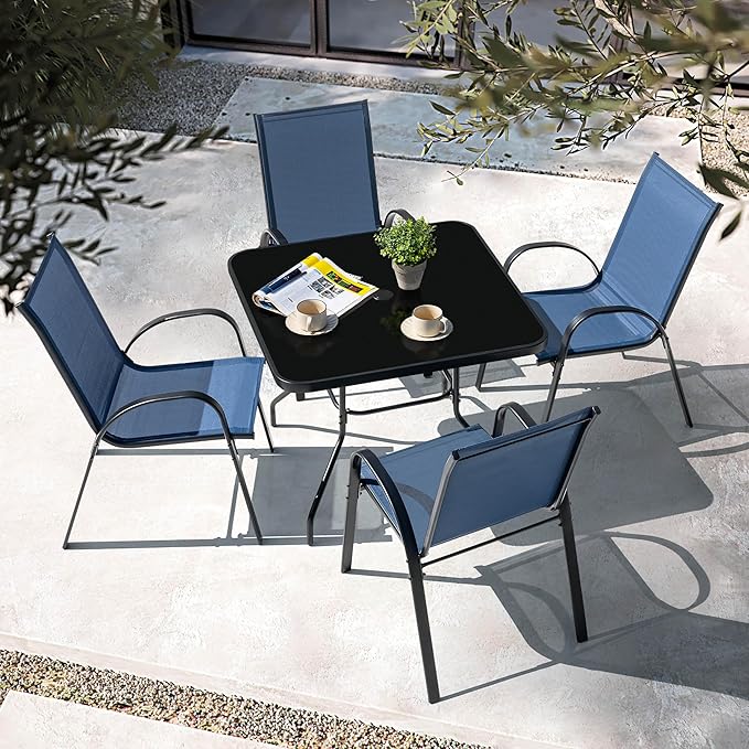 NUU GARDEN 5 Piece Patio Dining Set, 31.5 Inch Square Metal Table with Umbrella Hole and 4 Stackable Chairs, Outdoor Dining Furniture for Lawn Balcony Garden, Black and Blue
