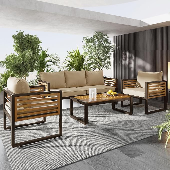 Merax 4-Piece Large Size Outdoor Conversation Sofa Set, Metal and Acacia Wood Frame Sofa with Removable Cushions, Waterproof & UV-Resistant, 5-Person Patio Furniture for Garden Backyard, Brown