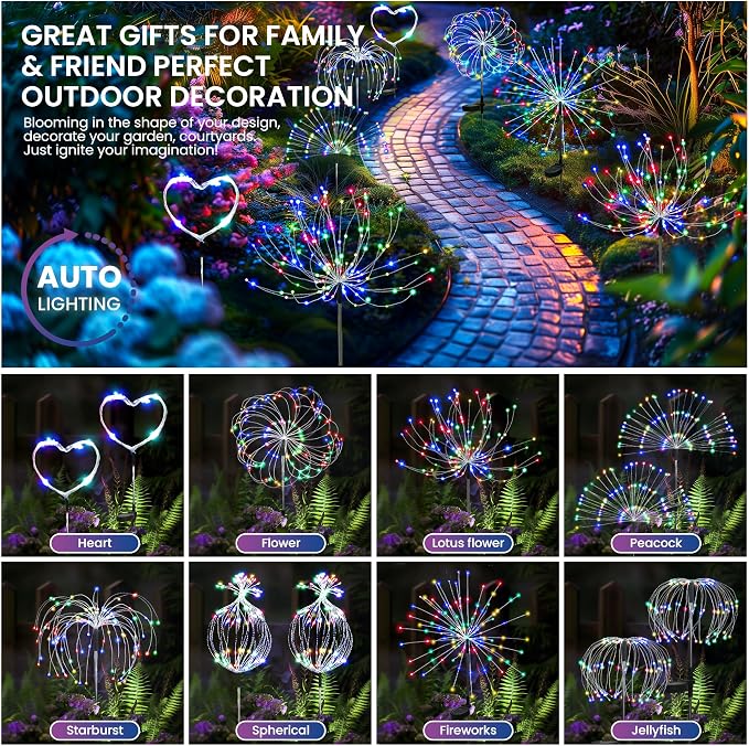 PEVOROS Solar Firework Fairy Garden Lights Outdoor, Colorful, 6 Pack | 120 LEDs, Waterproof, Fairy Garden Decor, Auto On/Off, Solar Powered, for Yard, Patio, Porch, Flower Pot, Pathway