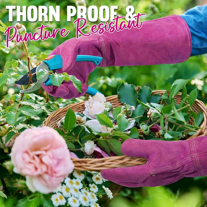HANDLANDY Rose Pruning Gloves for Men Women, Thorn Proof Gardening Gloves | Long Leather Gardening Gloves, Breathable Leather Gauntlet, Best Garden Gifts & Tools for Gardener (Rosy, M)