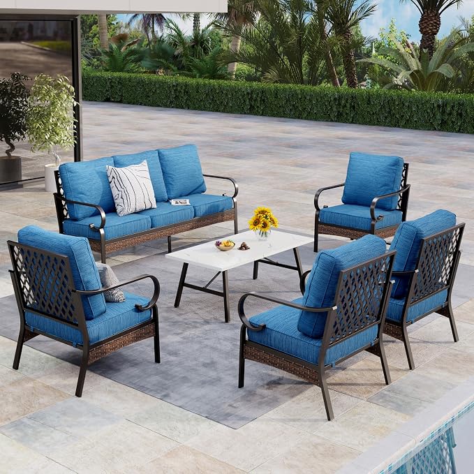 MIXPATIO Patio Furniture Set with Coffee Table, Outdoor Conversation Set with 4 x Fixed Chairs, 1 x 3-Seat Sofa for Lawn Garden Backyard, Pacific Blue