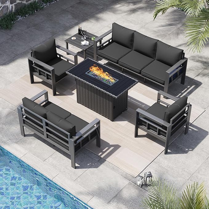 7 Piece Aluminum Patio Furniture Set with 44" Fire Pit Table & Thick Cushions, Aluminum Outdoor Sectional Conversation Set with Coffee Table for Porch, Backyard(Grey/Dark Grey)