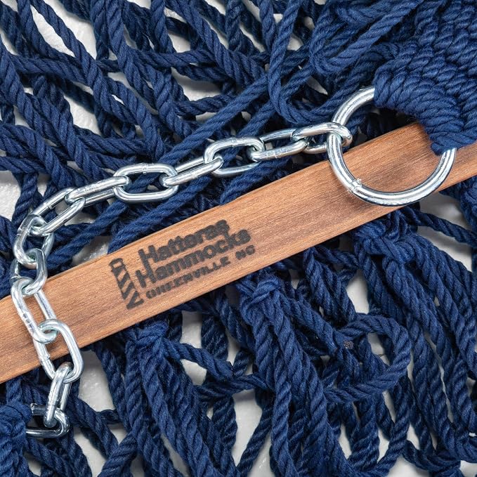 Hatteras Hammocks Executive Navy DuraCord Rope Hammock – 13 ft. x 65 in., 2-Person, 450 lb Capacity, Cumaru Spreader Bar, Zinc-Plated Hardware – Handcrafted in The USA