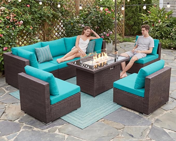 BULEXYARD 7-Piece Outdoor Patio Furniture Set with Propane/Natural Gas Fire Pit Table, High-Back Large Size Outside Sectional Couch Sofa, Comfy Wide Deep Seats for Yard, Brown Rattan & Teal Cushion