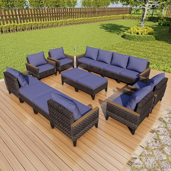 14-Piece Outdoor Patio Furniture Set, Wicker Conversation Set with Armchairs and Ottomans, Rattan Sectional Modular Sofa Couches for Porch, Poolside, Deck, Balcony, Backyard, Yard (Blue Cushions)