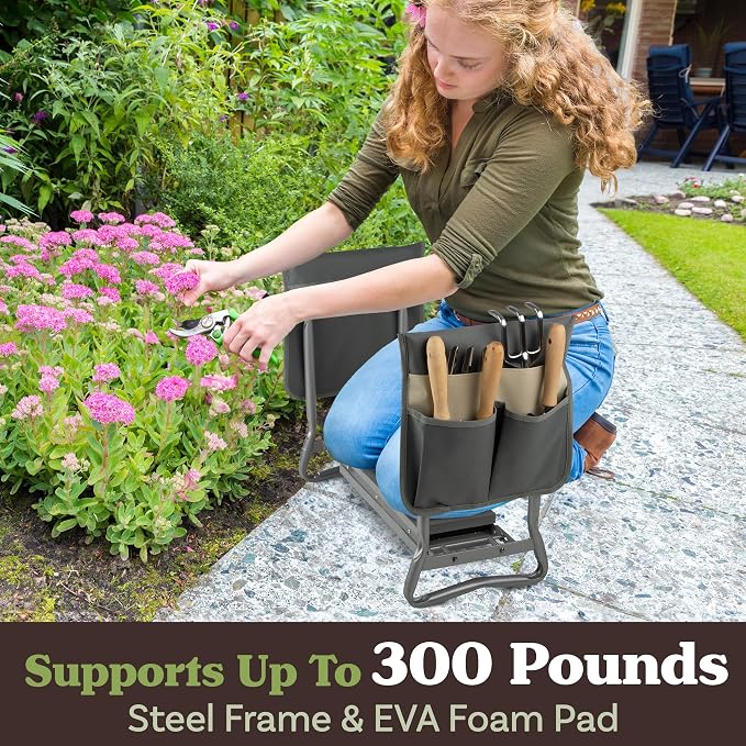 Pure Garden Garden Kneeler and Seat - Kneeling Pad Garden Stool with Tool Pouches - Gardening Gifts for Mom, Dad, Seniors, or Grandparents (Gray)