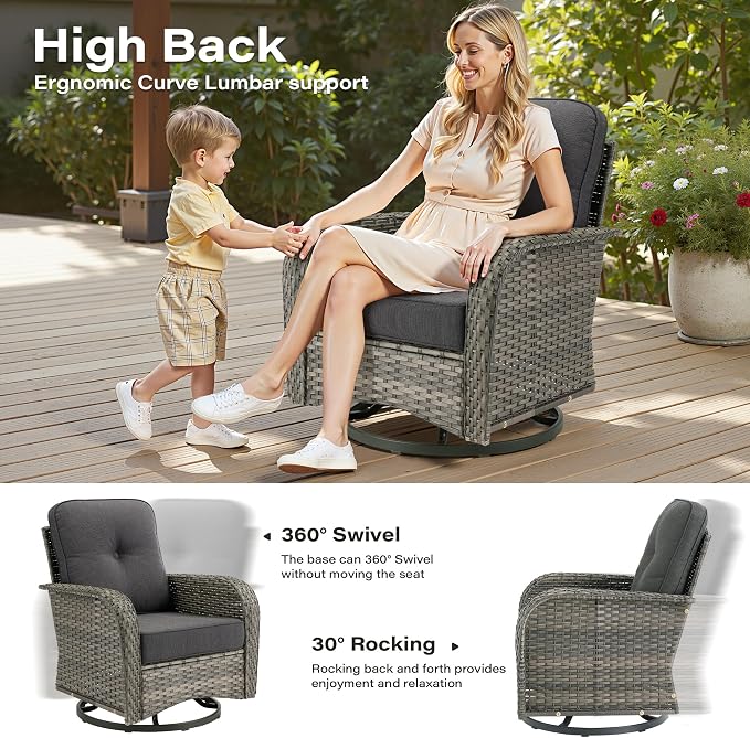 8 Pieces Patio Conversation Sets,Patio Furniture Set with Swivel Rocking Chairs,Coffee Table, Side Table, All Weather Rattan Wicker Outdoor Sectional Furniture Set for Porch Balcony Backyard Black