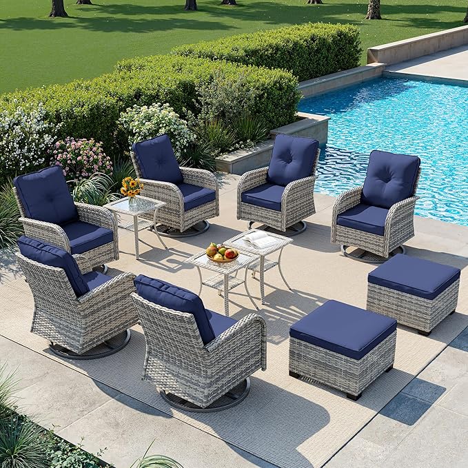 11-Piece Small Patio Furniture Set, Outdoor Swivel Rocking Chairs Set with Ottomans, Patio Bistro Set for Balcony, Deck, Porch, Navy Blue