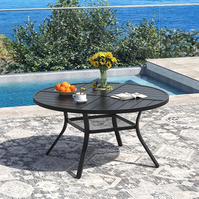 DIFY 7 Pieces Outdoor Dining Set, Metal Patio Table and Chairs Set for 6 with Umbrella Hole, 47.2" Round Dining Table and Textilene Stackable Patio Chairs for Garden Backyard Poolside, Black