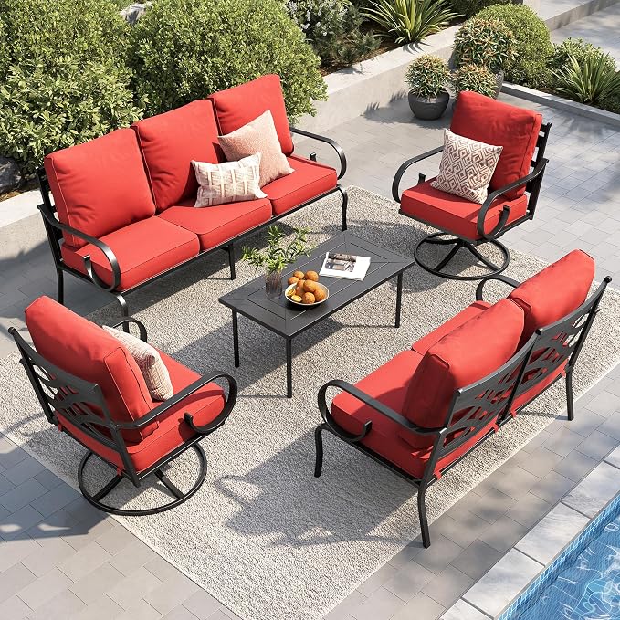 PHI VILLA Patio Furniture Set, a Loveseat, 3-Seater Sofa, 2 Swivel Chairs and a Coffee Table, Outdoor Metalio Conversation Set with 5.75" Extra Thick Cushion for Garden Backyard Deck, Red