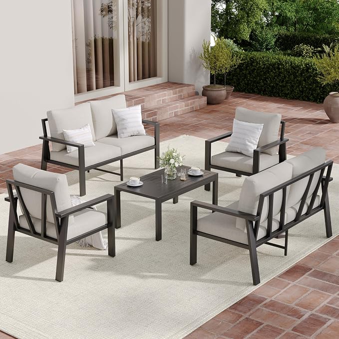 5 Pieces Aluminum Patio Furniture Set Deck Outdoor Furniture 6-Seat Patio Conversation Sets All-Weather Rust-Proof Sectional Sofa Set with Removable Cushion for Deck, Balcony, Yard, Poolside