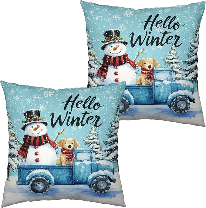 Hello Winter Pillow Covers Blue Truck with Lovely Snowman Puppy Dog Throw Pillow Case Snowflakes Snowman Cushion Case 22x22 Set of 2 for Holiday Decorations Couch Sofa