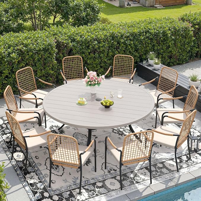 DIFY 11 Pieces Outdoor Dining Set for 10, 63" Round Dining Table with Umbrella Hole & Wicker Stackable Patio Chairs with Cushions, Metal Patio Table and Chairs Set for Backyard Porch, Grey Wood-Like
