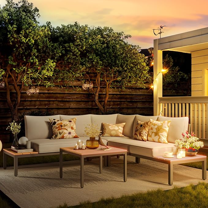 NATURAL EXPRESSIONS Patio Furniture Sets, L Shape Patio Sectional Metal Outdoor Sectional Corner Sofa Outdoor Couch with Detachable Backrest,3 Fauxwood Tables,5” Grey Olefin Cushions
