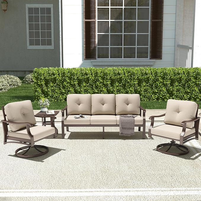 4 Piece Patio Furniture Set, Metal Outdoor Conversation Set w/3-Seat Sofa, 2 Rocking Swivel Chairs, Side Table, Patio Bistro Set w/5" Thickened Cushions for Backyard, Poolside, Beige