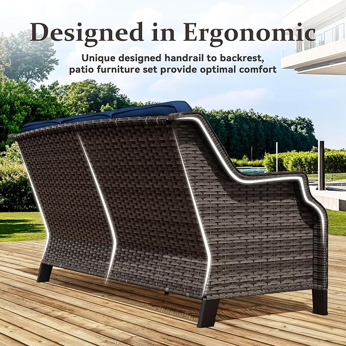 5 Pieces Patio Furniture Set, Outdoor Furniture Set with 2 Patio Swivel Rocking Chairs, 2 PE Rattan Ottoman, 1 Outdoor Wicker Sofa with Thick Cushions, Ideal for Backyard, Garden, Poolside, Blue