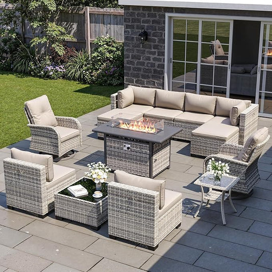 13-Piece Patio Furniture Set, Outdoor Patio Furniture with Swivel Chairs Set, Ottomans, 55,000 BTU Fire Pit Table, Modular Patio Sofa, Dual-Strand Wicker Rattan, Rust-Resistant Frame, Khaki