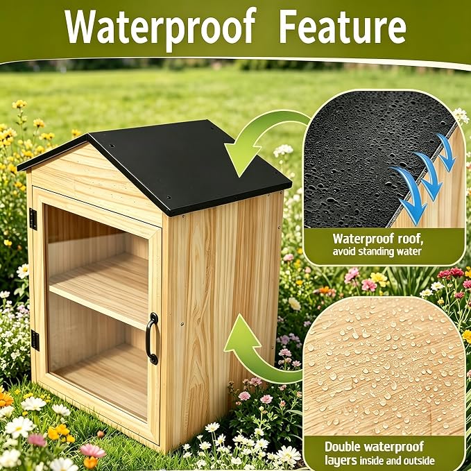 Little Outdoor Library Box, 2-Tier Waterproof Free Library Wooden Cabinet, 16x15x25 Inch Small Storage Box for DIY, Neighbourhoods, Communities and Kids to Share Books, Magazines, Artworks