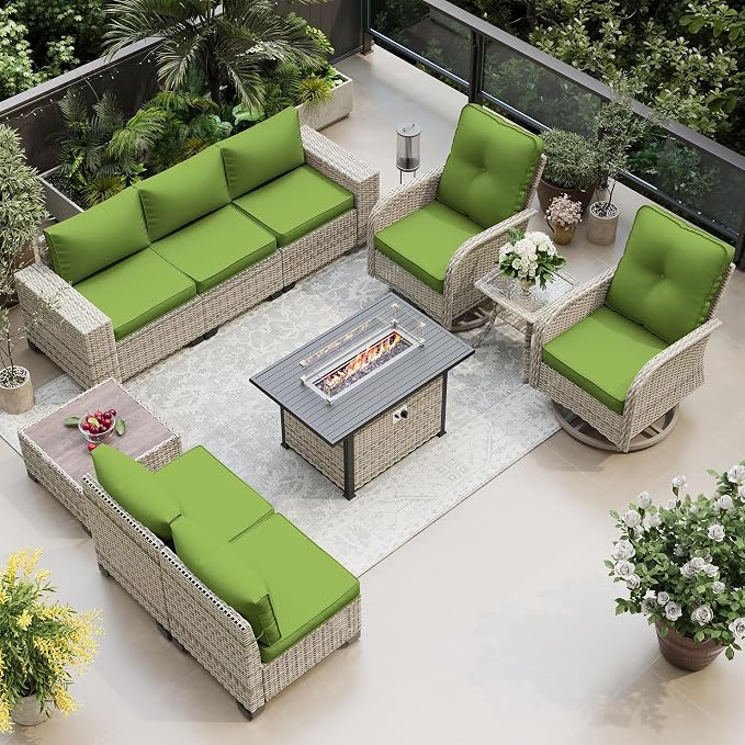10-Piece Outdoor Patio Furniture Set with Rocking Swivel Chair, PE Wicker Rattan Sectional Sofa Patio Conversation Set with 55,000 BTU Fire Pit Table & Coffee Table, Avocado Green