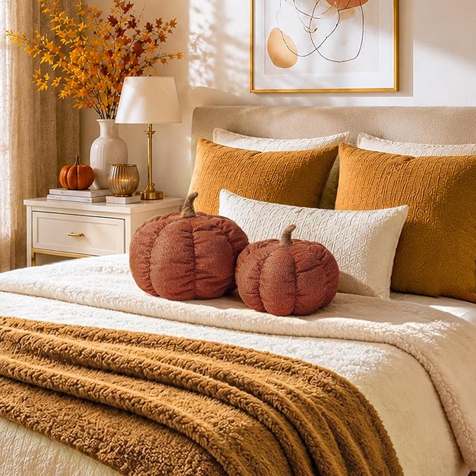 AELS Pumpkin Throw Pillows Set of 2, 14" & 10" Cinnamon Fall Pillows | for Couch Sofa Bed Living Room Home Decor, Farmhouse Textured 3D Fall Halloween Thanksgiving Decorative Accent Pillows