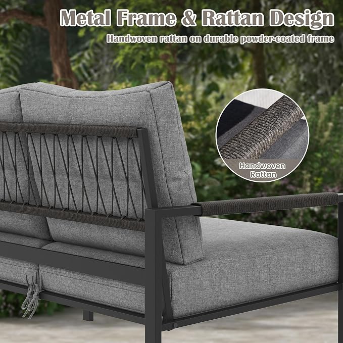 6 Pieces Rattan Outdoor Furniture Set, All-Weather Patio Conversation Set with Dark Grey Cushions, Coffee Tables and 28" Fire Pit Table