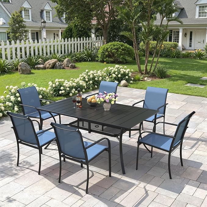 7 Pieces Patio Dining Set, 59" Rectangular Dining Table with Umbrella Hole, 6 Stackable Textilene Fabric Chairs, Metal Structure for Patio, Porch, Garden(Black Table, Blue Chair)