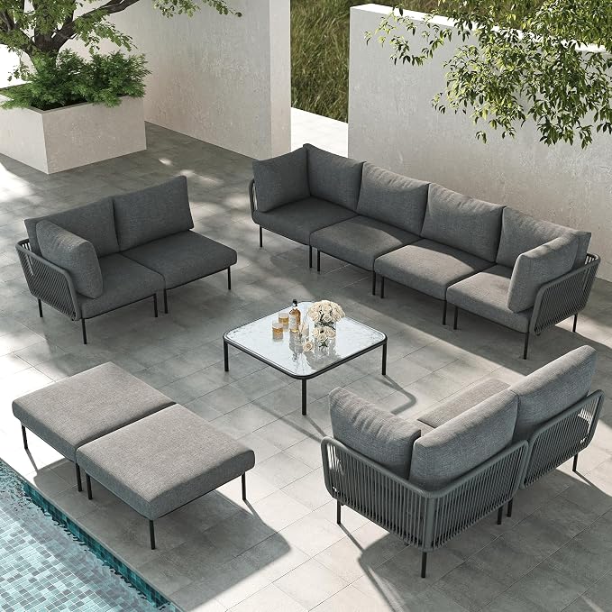 LayinSun 11 Pieces Aluminum Patio Furniture Set, Modern Modular Sectional Sofa with Coffee Table and Upgrade Thickness Cushion
