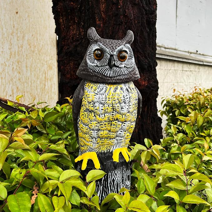 GIFTEXPRESS 1Pcs Solar Power Owl Decoy – 17" Motion Sensor Pest Repellent with Rotating Head, LED Eyes & Sound – Fake Horned Owl for Garden, Yard, Balcony, Farm, Patio, Roof, Lawn- Life Size