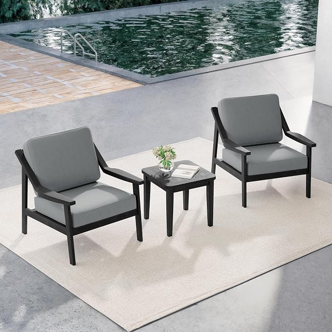 Outdoor Patio Furniture Set, 3 Piece Patio Conversation Sets with Washable Thick Cushions, All-Weather Solid Wood Patio Bistro Set for Porch, Balcony, Black Frame & Gray Cushion
