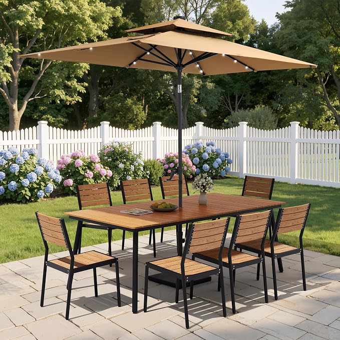 9-Piece Outdoor Dining Set for 8 Person with Teak Wood-Grain Top | Armless Stackable Chairs with 19.4" Seat Depth, Aluminum Frame Dining Furniture with Umbrella Hole for Deck, Porch & Backyard