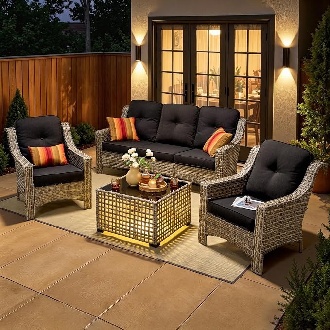4 Piece Patio Furniture Set with Solar Light Coffee Table, Heavy Duty Wicker High Back Sofa Chairs with Thick Cushion, Small Outdoor Conversation Sets for Backyard Garden Porch, Black