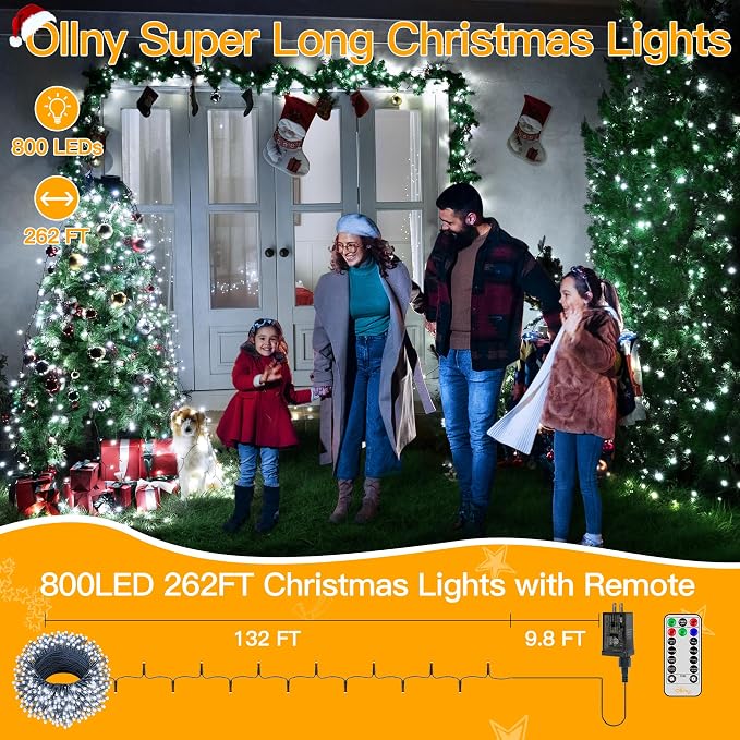 Ollny Christmas Lights 262FT 800LED, Plug-in Outside Tree Lights with Timer and 8 Modes, Remote Control Waterproof Dimmable Outdoor String Light for House Yard Patio Xmas Decorations(Cool White)