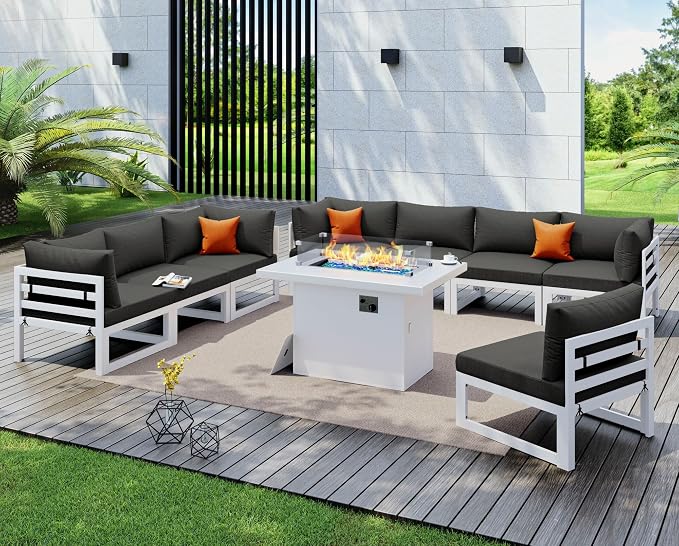 NICESOUL 8 Person Modern Aluminum Outdoor Patio Furniture Set with Fireplace, 29" Wide Deep Seating, Water Resistant L Shaped Sectional Couch, Large Conversation Set for Backyard Terrace, Dark Gray