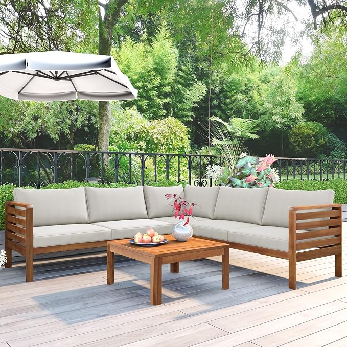 L-Shaped Wood Structure Patio Outdoor Sofa Set with Coffee Table and Cushion, Water Resistant Acacia Wood Sofa for Patio, Lawn, Yard, Pool or Backyard, Beige Cushion