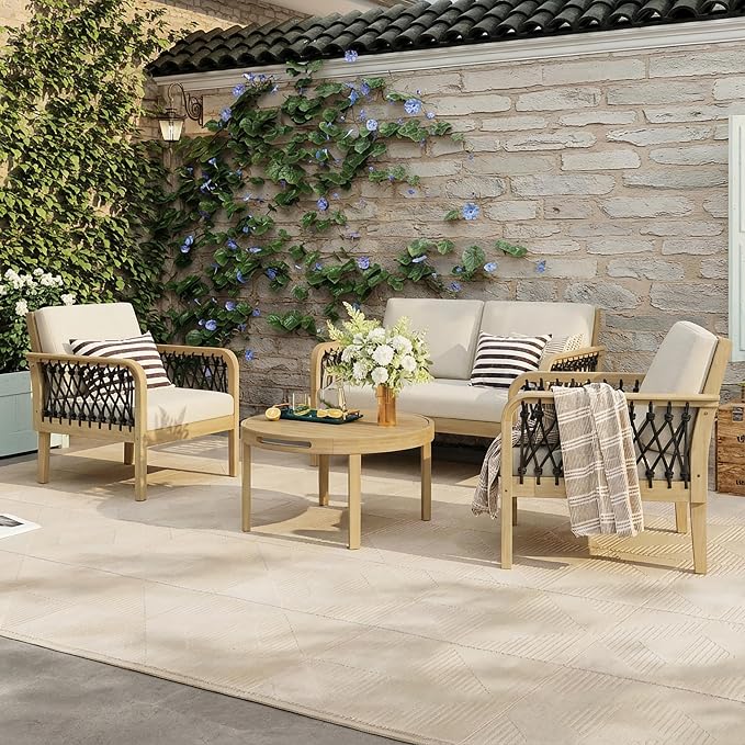 Merax 4-Piece Outdoor Acacia Wood Patio Conversation Set, 2 Club Chairs + Loveseat & Coffee Table with Handwoven Rope & Cushions, Furniture Set for Garden, Balcony, Poolside, Light Teak
