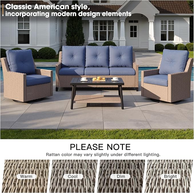 NestNook 4 Piece Patio Furniture Set, Outdoor Rattan Swivel Glider Chairs Set of 2 with 3-Seater Sofa and Coffee Table Wicker Patio Conversation Set for Backyard Balcony & Poolside（Blue）