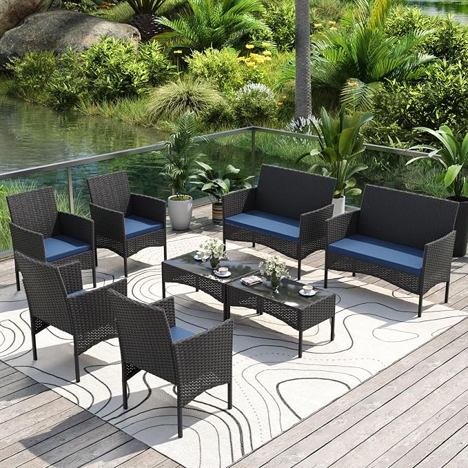 Gotland 8 Pieces Patio Furniture Set, Wicker Outdoor Furniture with 4 Chairs 2 Loveseats 2 Glass Coffee Tables, Weather-Resistant Patio Set, Conversation Set for Backyard Pool Porch Navy
