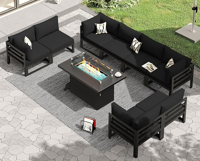 RADIATA 9 Piece Luxurious Aluminum Patio Furniture Set with Fireplace, 500 lbs Durable Outdoor Sectional Sofa, 29" Deep and Wide Big Seats, U Shaped Combo Conversation Couch for Outside Deck, Black
