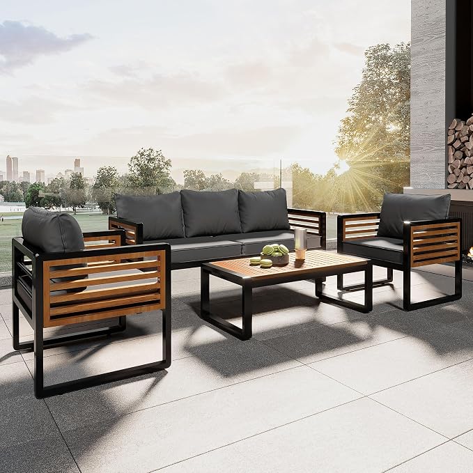 SOFTSEA 4-Piece Outdoor Patio Conversation Set with Coffee Table, Acacia Wood Patio Sofa Set with Thick Cushions & Metal Legs, All-Weather Patio Furniture Set for Backyard Garden Deck, Gray