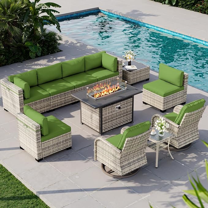 11-Piece Outdoor Patio Furniture Set with Rocking Swivel Chair, Wicker Rattan Sectional Sofa Conversation Set with 55,000 BTU Fire Pit Table, Backyard Furniture, Avocado Green