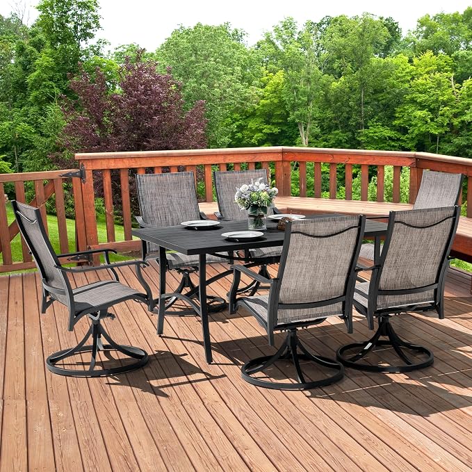 NUU GARDEN Outdoor Dining Set of 6, Aluminum Swivel Chairs, Grayish Brown | Rust-resistant patio set with aluminum tabletop. 6 quick-dry textilene swivel dining chairs with armrests