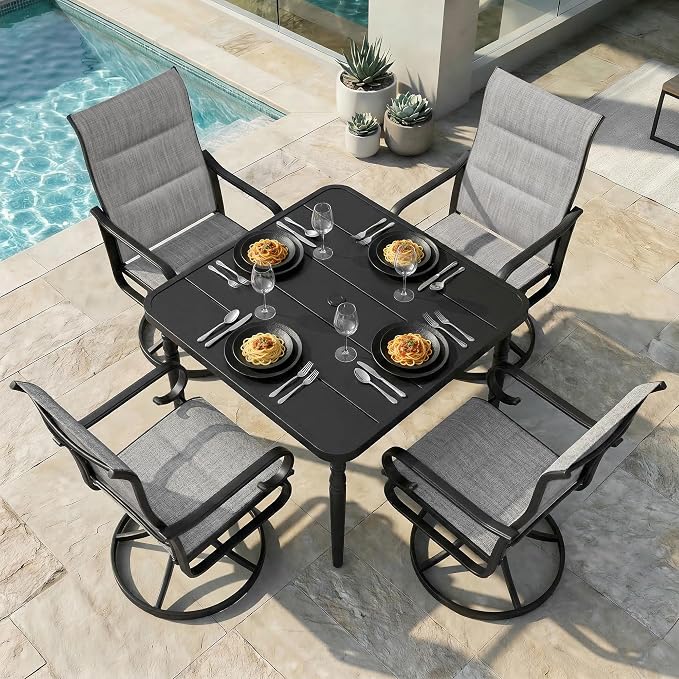 NUU GARDEN Outdoor Dining Set with Umbrella Hole, 5-Piece Patio Furniture Set with Slatted Table and 4 Swivel Padded Textilene Chairs, All-Weather Patio Dining Set, Light Gray